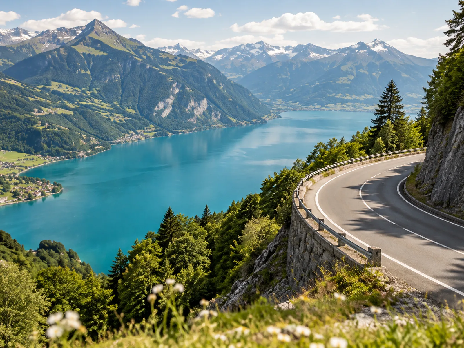 Kurvige Alpenstrasse mit Panoramablick auf einen türkisfarbenen Schweizer See, umgeben von bewaldeten Bergen