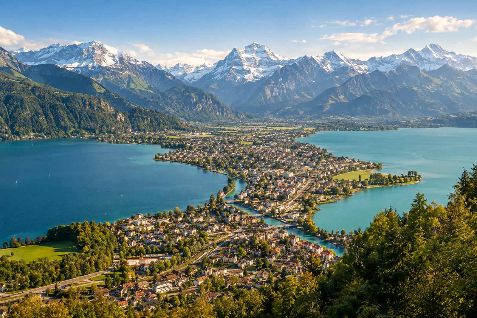 Interlaken auf der Landzunge zwischen Thunersee und Brienzersee mit Bergpanorama