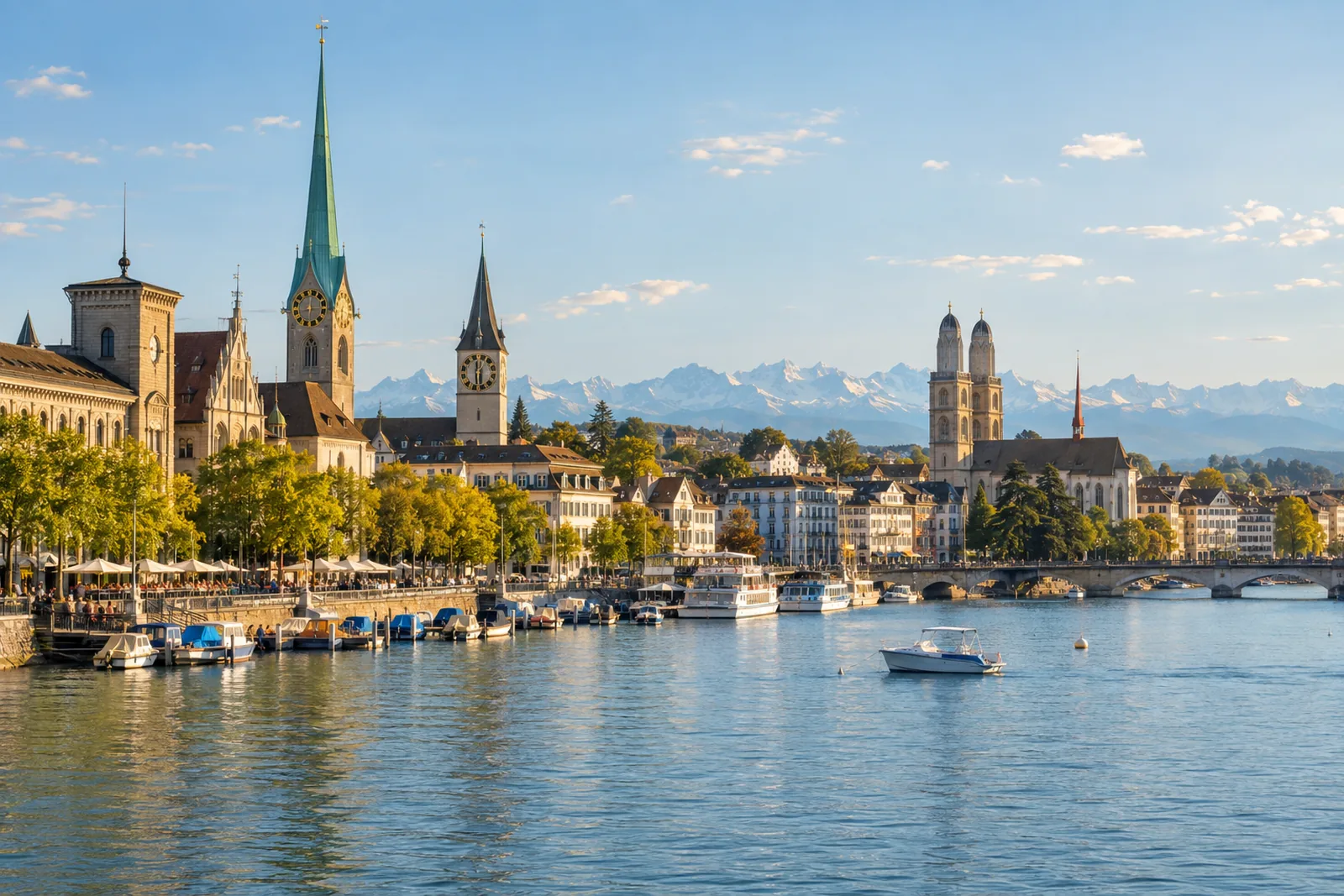 Zürichs Altstadt am Ufer des Zürichsees mit Kirchtürmen und Bergen im Hintergrund