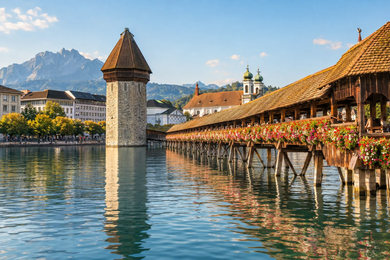 Die Kapellbrücke in Luzern über der Reuss mit dem Vierwaldstättersee im Hintergrund