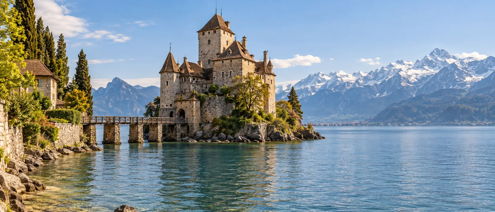 Schloss Chillon auf einer kleinen Insel am Genfersee, im Hintergrund die schneebedeckten Alpen