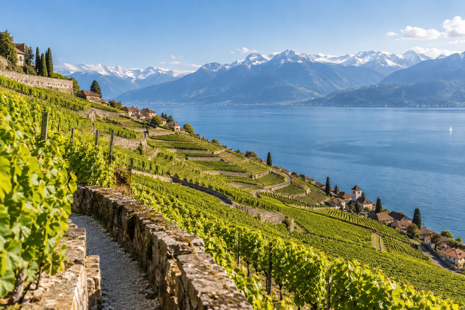 Die terrassierten Weinberge von Lavaux am Genfersee mit Blick auf die Alpen